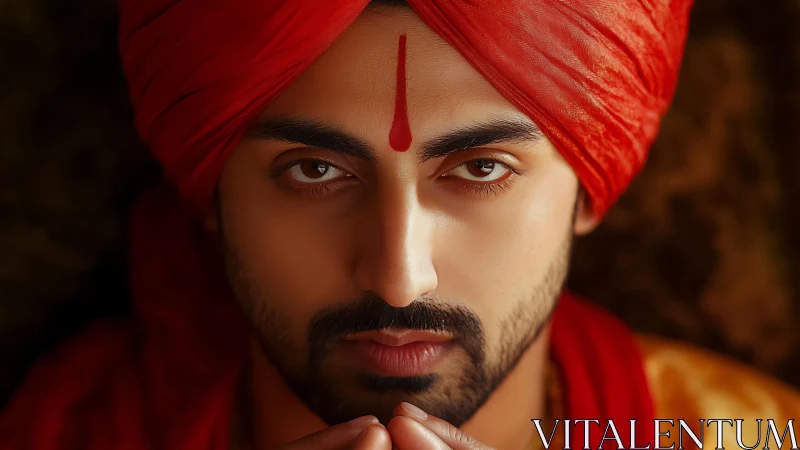 Man in red turban stares directly at camera with calm focus