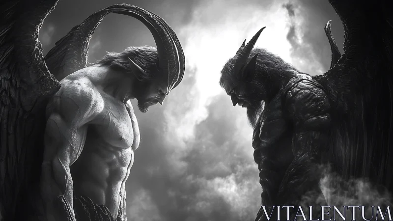 Monochrome 3D demonic duel in cinematic backlit chiaroscuro.