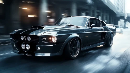 Classic black muscle car racing through blurred city street.