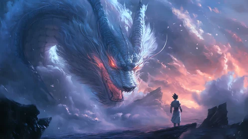 Stormlit white dragon confronting lone figure at sea.