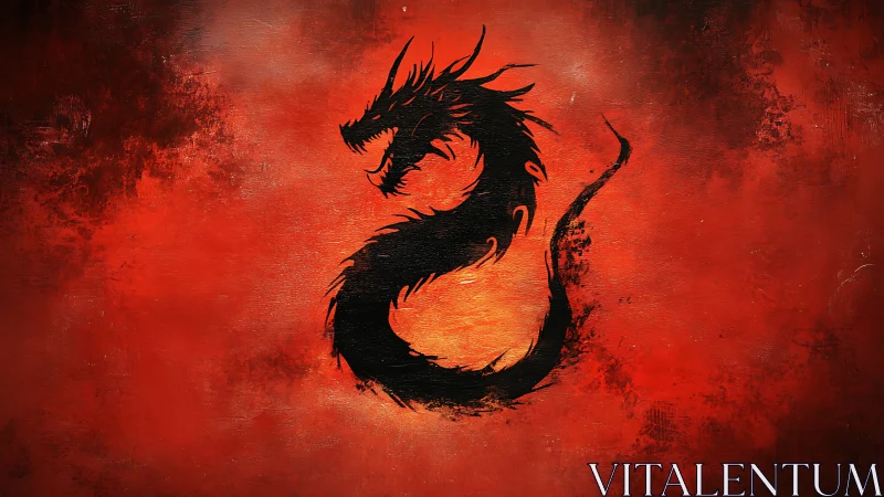Black dragon silhouette coils on textured red background