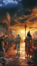 Epic mythological procession under stormlit temple skies.