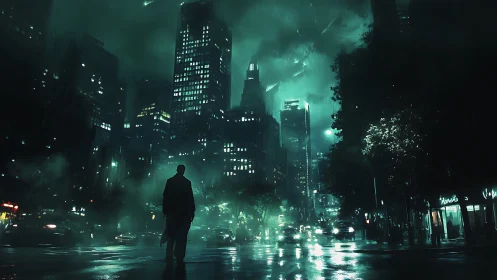 Cyberpunk nocturnal streetscape with silhouetted figure focal point.