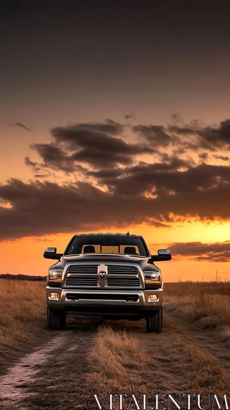 Full-size pickup truck front view in rural sunset landscape