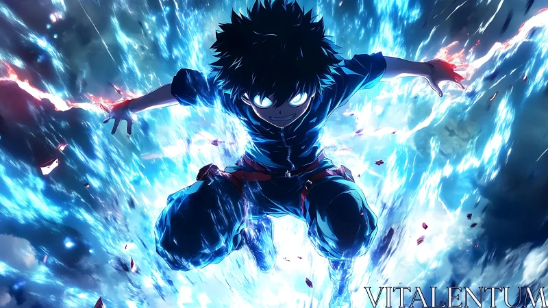 Charged anime hero lunges through explosive blue energy field.
