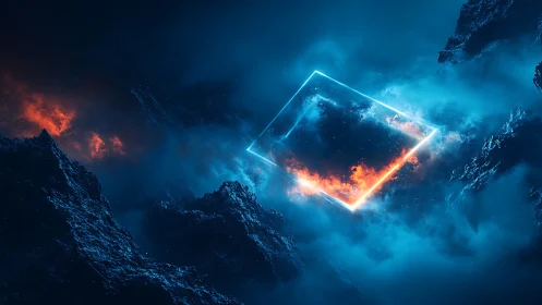 Glowing neon portal cuts through stormy cosmic canyon clouds