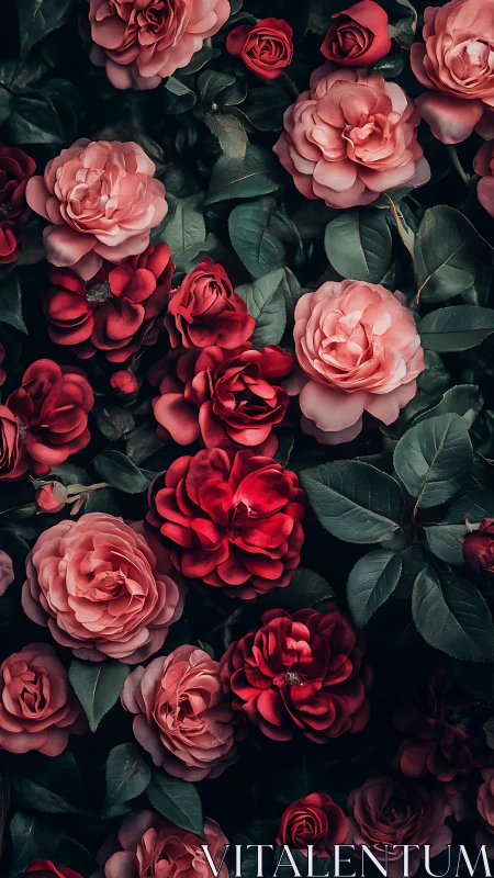 Garden blooms in shades of coral, pink, and deep red.