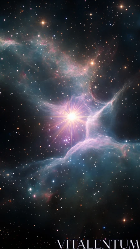 Radiant newborn star glows softly within drifting cosmic dust