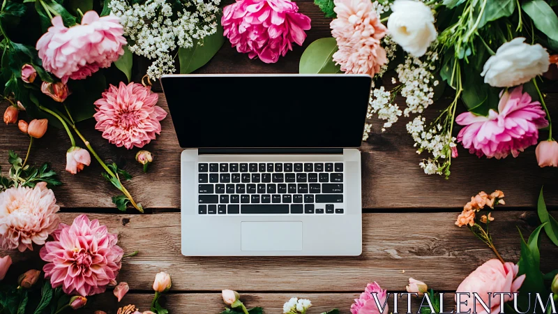 Laptop with black screen centered among colorful flowers
