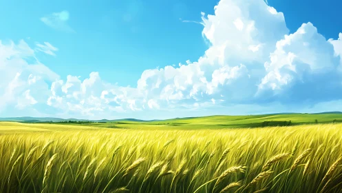 Golden wheat plain under towering summer cumulus clouds.