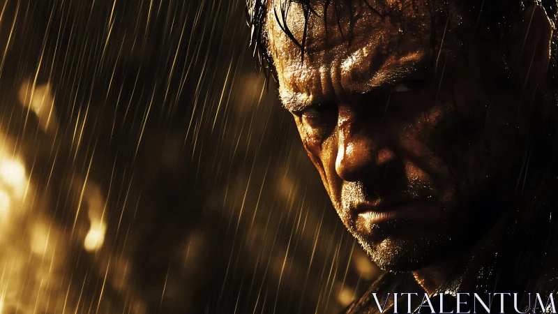 Intense close up of grim man standing in heavy rain.