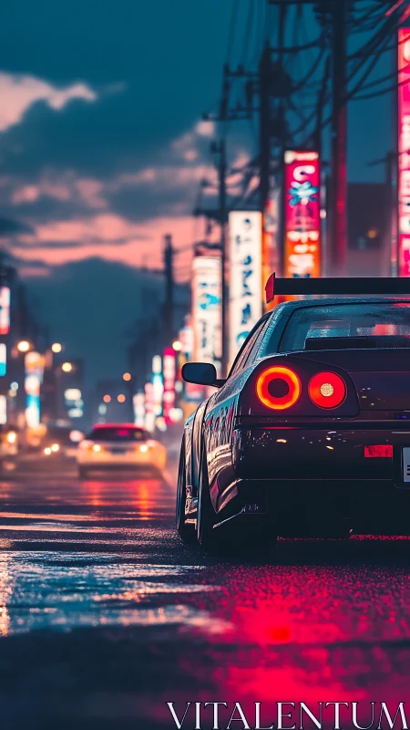 Neon-lit sports car idles on a rainy city street at dusk.
