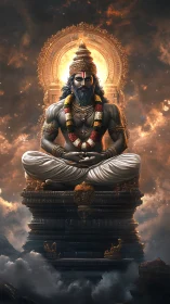 Seated mythic figure on ornate pedestal amid clouds.