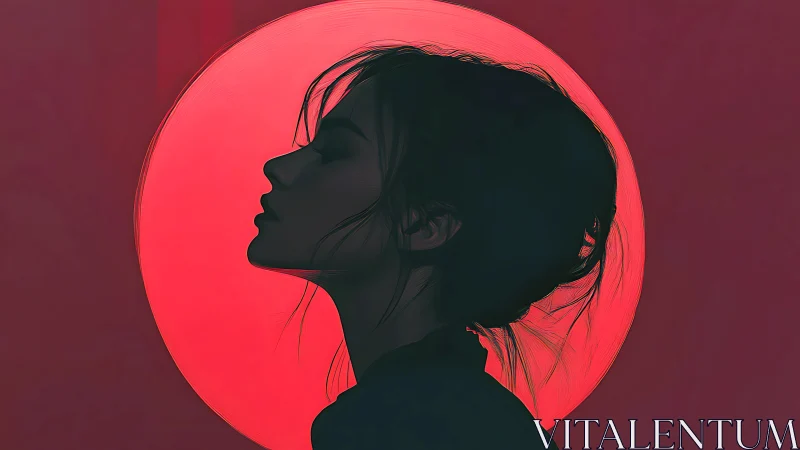 Quiet silhouette of a thoughtful woman against warm red glow.