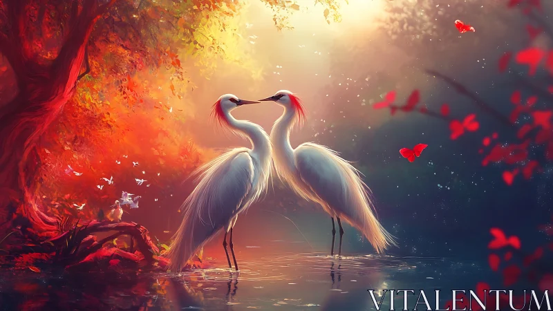 Two Cranes Form Heart Shape in Golden Sunset Glow