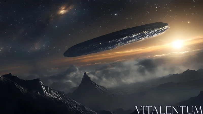 Colossal alien starship glides above sunrise-lit mountains