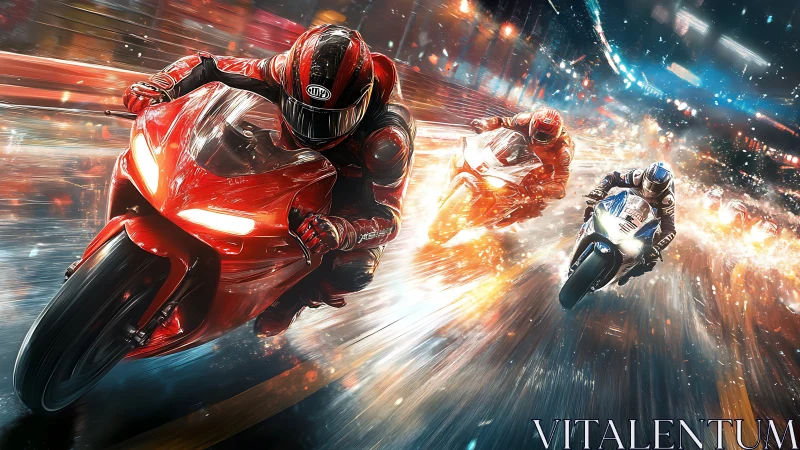 High-speed superbikes race through neon-lit city streets.