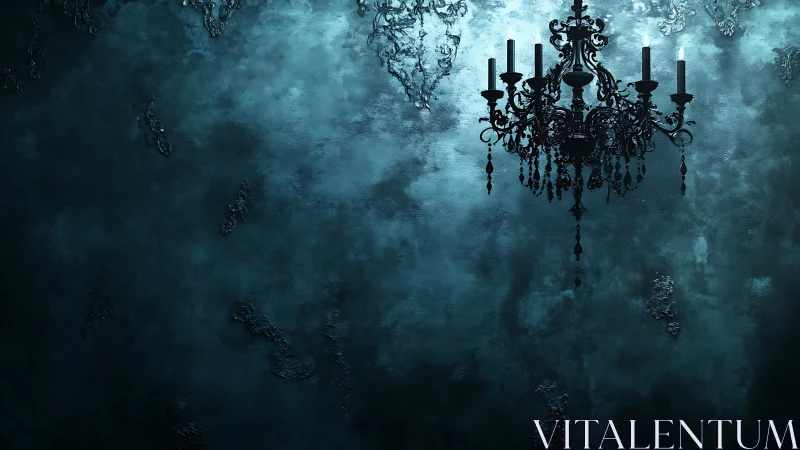 Black chandelier against textured teal wall in shadow.