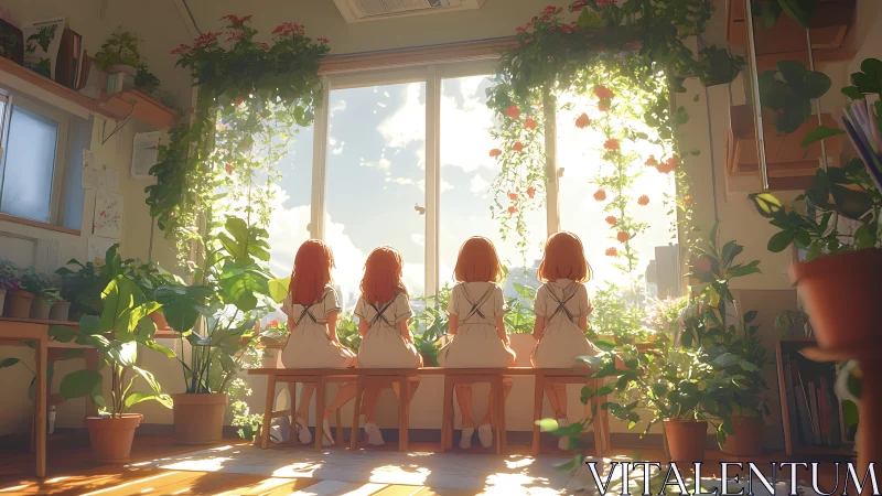 Four red-haired girls sit in sunlit indoor garden studio