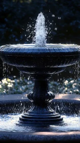 Dark stone garden fountain with water droplets in motion.