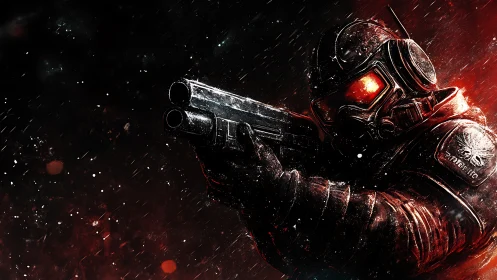 Armored soldier aims shotgun in red lit storm environment