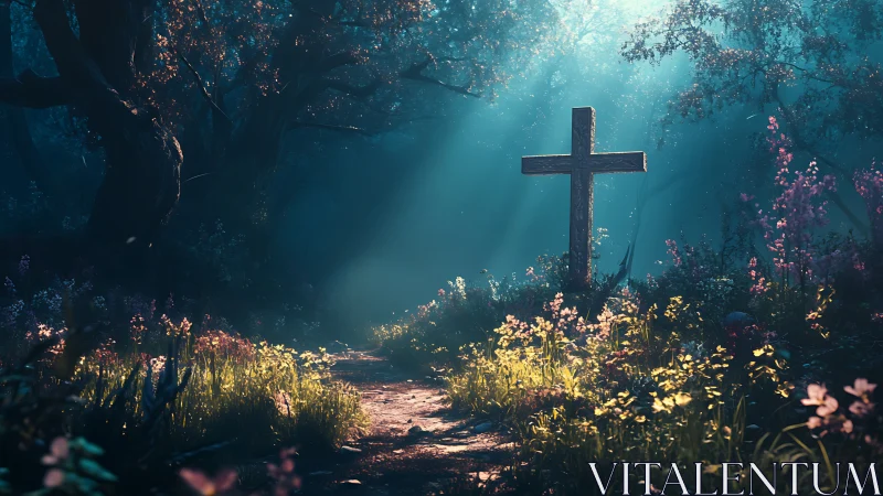 Morning sunbeams crown a lonely forest cross with hush