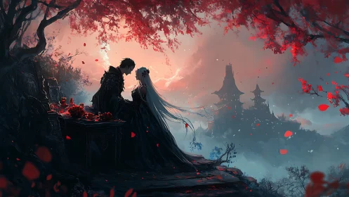 Gothic Romance Beneath Crimson Canopy and Distant Castle.