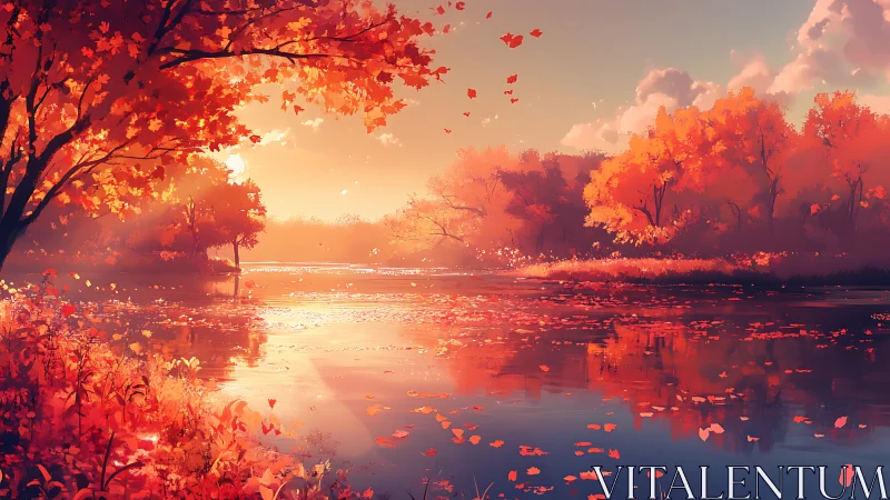 Golden autumn river glows under a tranquil sunset sky