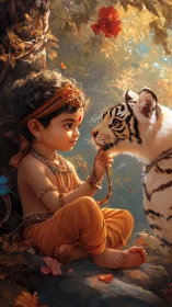 Forest prince and white tiger cub sharing autumn secrets.