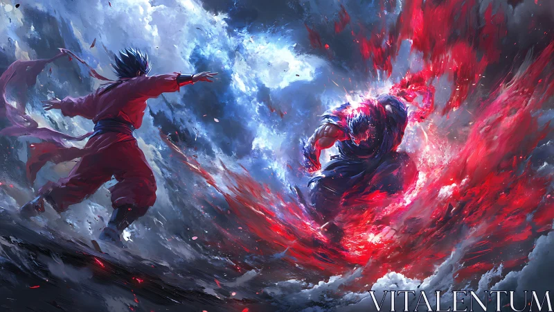 Two combatants confront amid blue clouds and red energy waves