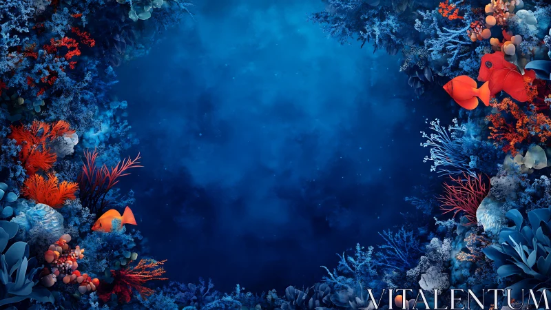 Luminous coral reef frames a tranquil deep blue ocean void.