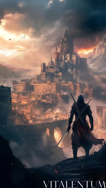 Lone blade surveys stormlit citadel above burning mist.