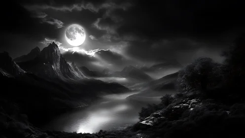 Lunar-illuminated alpine basin with high-contrast tonal stratification.