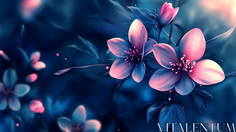 Pink Petals Dance Against Midnight Blue in Digital Bloom