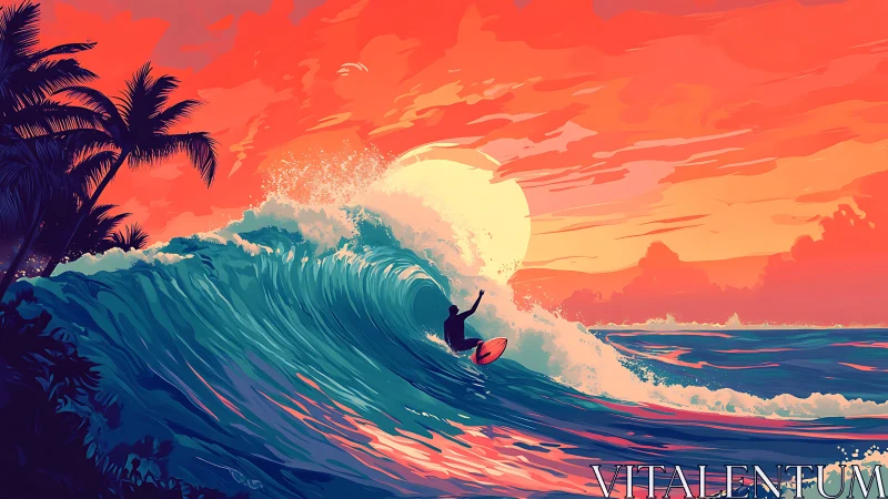 Sunfire surf rider carving neon waves at tropical dusk.