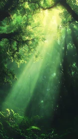 Sunlight penetrating dense green forest canopy layers.