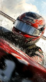 Racing driver helmet close-up in dynamic water-spray burst.