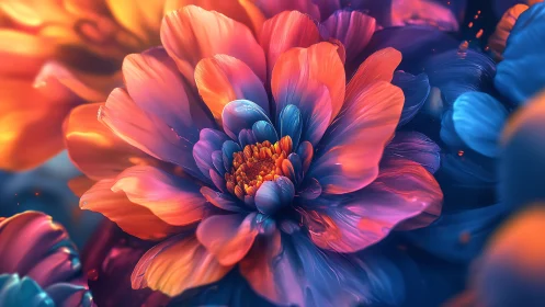 Flower with gradient lighting exhibits red to blue color transition throughout layered petals