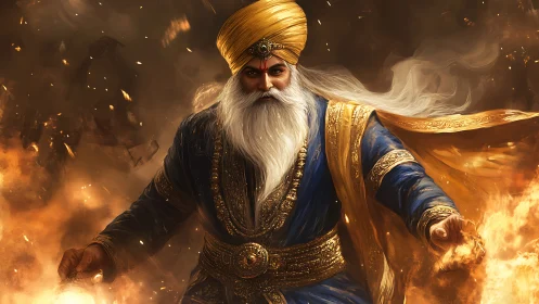 Fire-wreathed elder warrior in regal golden blue robes.