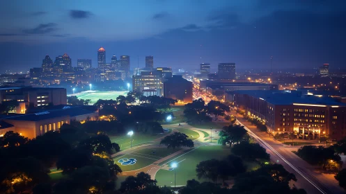 City skyline overlooks illuminated campus park at dusk