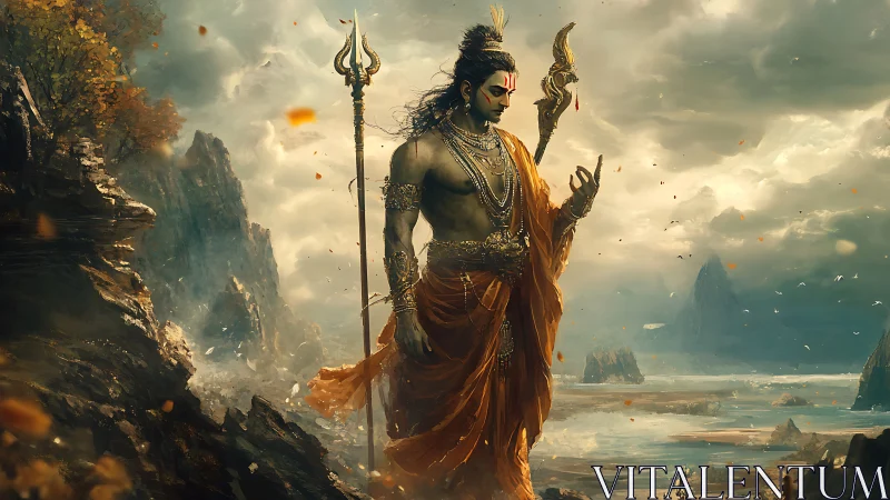 Mythic warrior deity strides through storm-lit coastal ravine