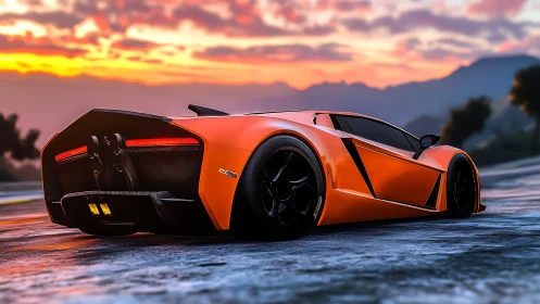 Orange supercar dominates wet mountain pass at sunset.