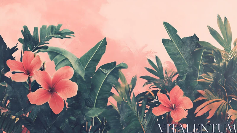 Pink Hibiscus Flowers with Tropical Foliage Against Soft Sky.