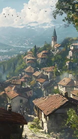 Hilltop village overlooks misty valley under bright clouds.