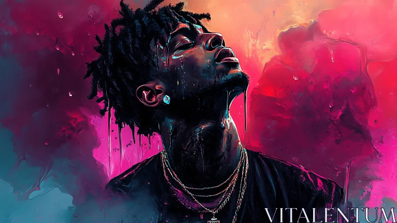 Neon drenched portrait of man in upward gaze with dripping paint