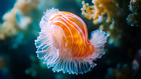 Orange striped jellyfish in blue underwater environment.