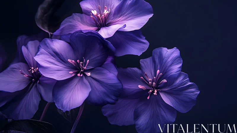 Purple Petaled Flowers Against Dark Background.