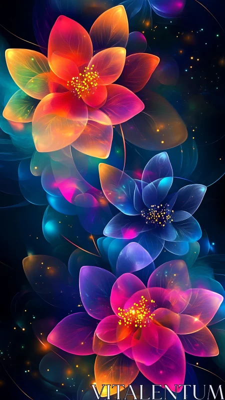 Neon luminous blossoms form a vertical cascade on deep space