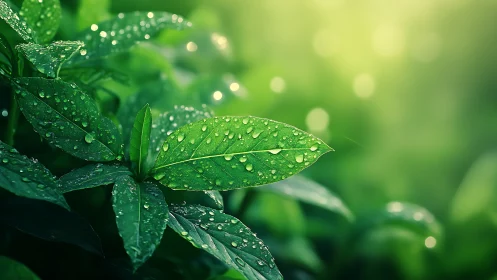 Morning dew sparkling over luminous green garden leaves.