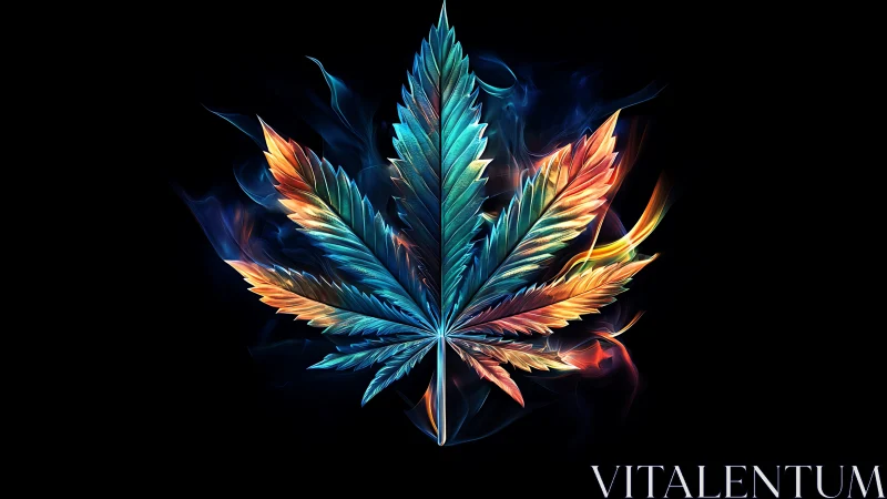 Colorful cannabis leaf rendered in vivid digital flames.